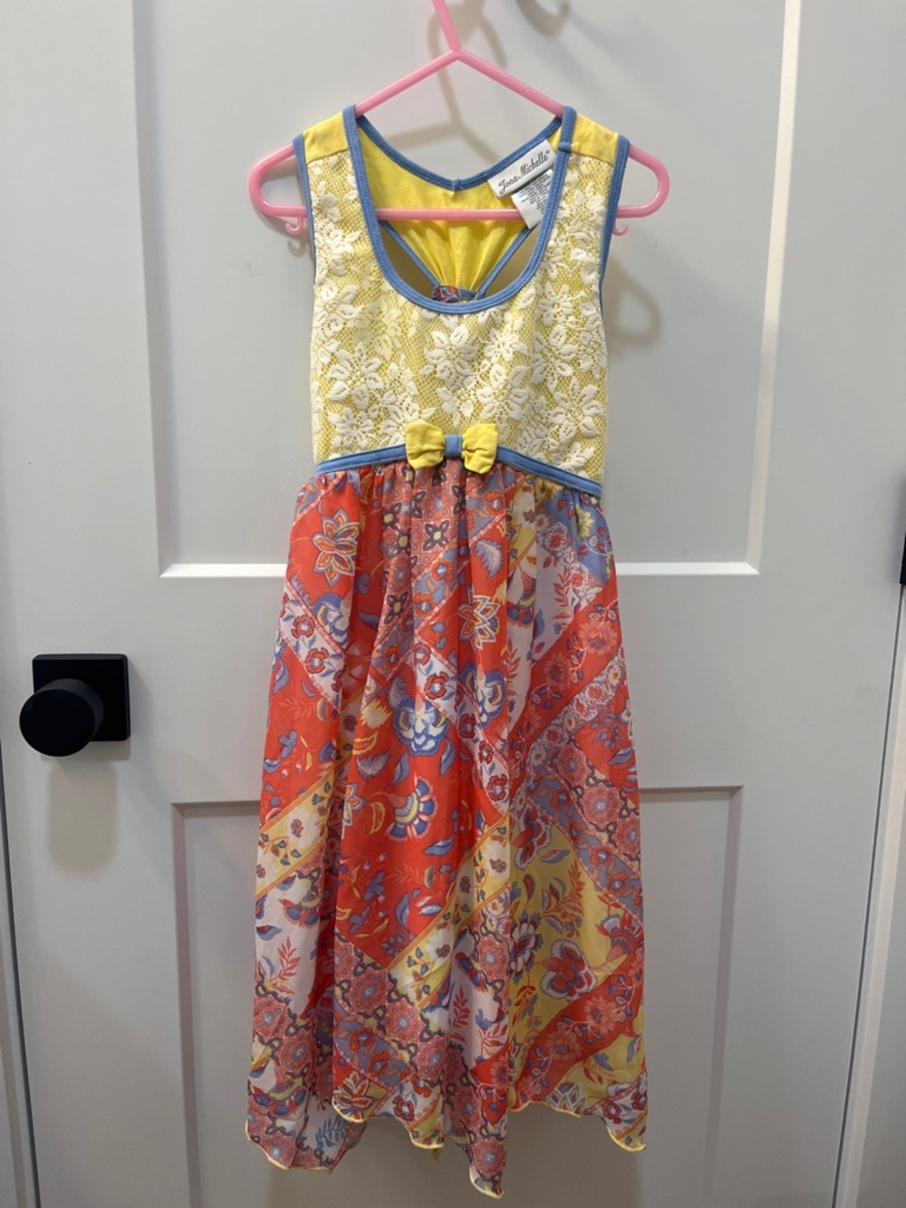 Jona Michelle Sleeveless Yellow Lace & Chiffon Floral Dress Scalloped Hem Size 8